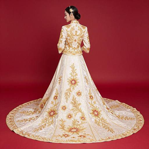 Photograph of a woman in a long, white, gold-embroidered wedding gown with a full skirt and train, standing against a solid red