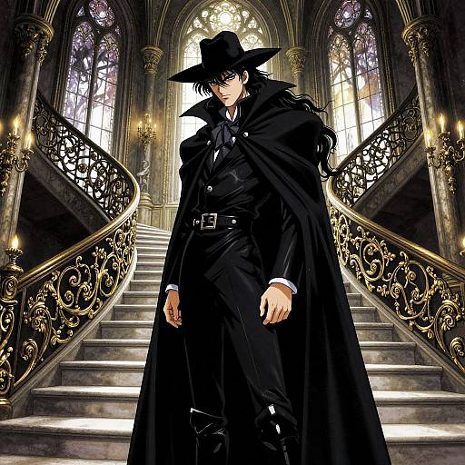 Mysterious anime man in black suit, hat, and cape stands on ornate staircase in gothic cathedral, illuminated by stained glass windows.
