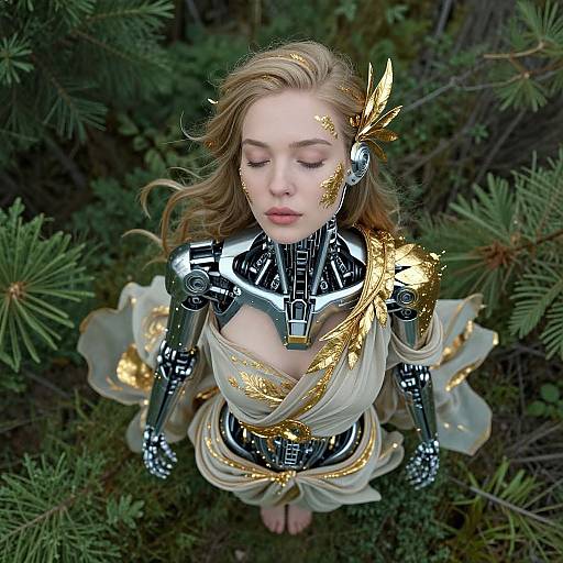 Photorealistic CGI of a blonde woman with cybernetic armor, gold accents, and flowing white dress, standing amidst lush pine trees.