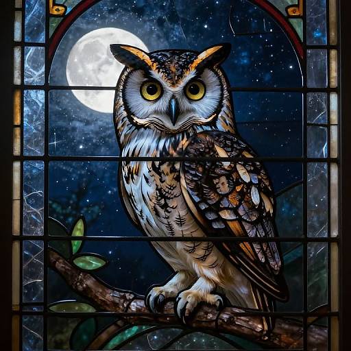 Stained glass artwork of a detailed, vividly colored owl with yellow eyes perched on a branch, gazing at a full moon in a star