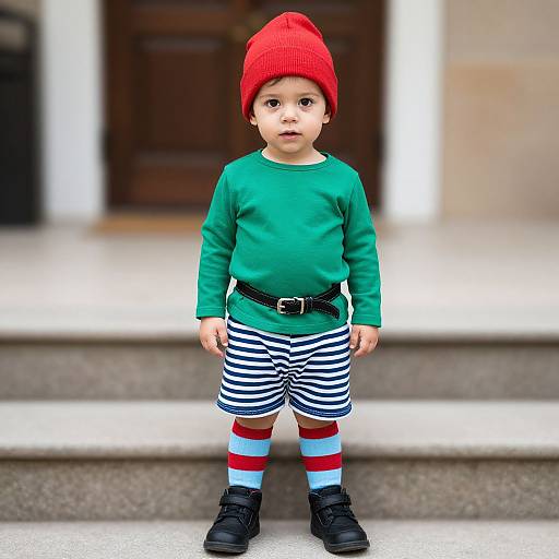 Photograph of a cute toddler with light skin, wearing a red beanie, green long-sleeve shirt, black belt, striped shorts, red