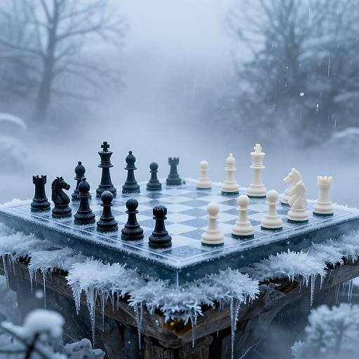 Photograph of a snow-covered chessboard with black and white pieces, surrounded by icicles and set outdoors in a foggy, snowy forest.
