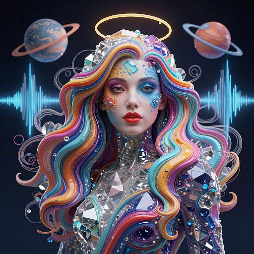 Digital artwork of a celestial woman with rainbow hair, glowing halo, crystal armor, galaxy-themed makeup, and planets in the background.