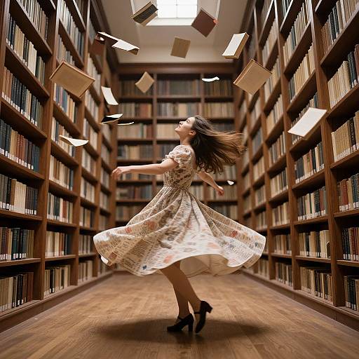 Photograph of a woman in a flowing floral dress, black heels, flinging books in a wooden library aisle, with shelves lining both sides.
