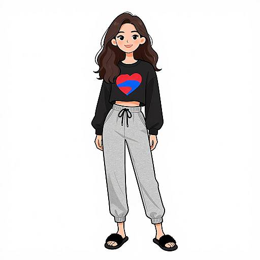 Digital illustration of a young woman with long dark brown hair, wearing a black crop top with a red and blue heart, gray high-waisted pants