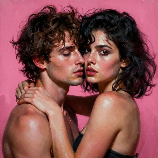 Photograph of a curly-haired, fair-skinned couple with intense expressions, embracing against a pink background, both with wet, glistening skin.