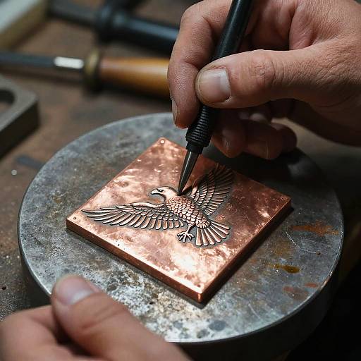 Close-Up Eagle Engraving on Copper