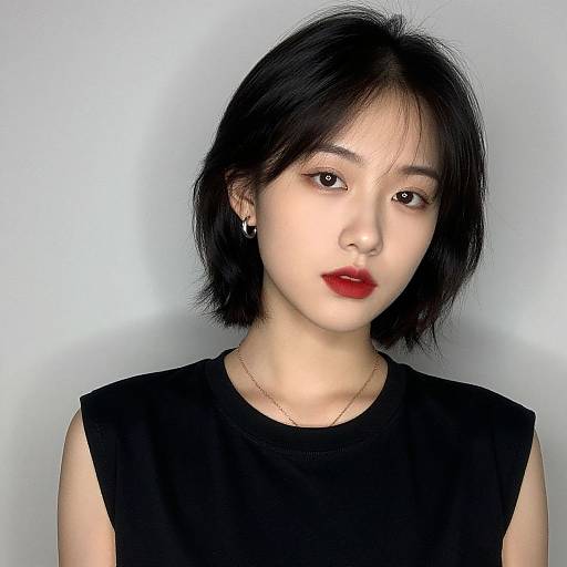 Photorealistic digital portrait of an East Asian woman with black bob haircut, red lipstick, black sleeveless top, and subtle jewelry.