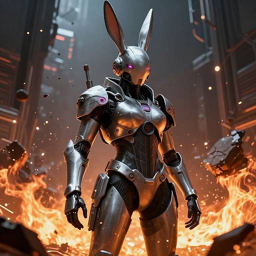 Digital artwork of a metallic, anthropomorphic rabbit robot with glowing purple eyes, standing in a fiery, ruined futuristic cityscape.