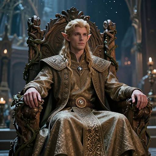 Epic fantasy photograph of a blonde, elven king with pointed ears, seated on an ornate, medieval throne, wearing an intricate, gold-tr