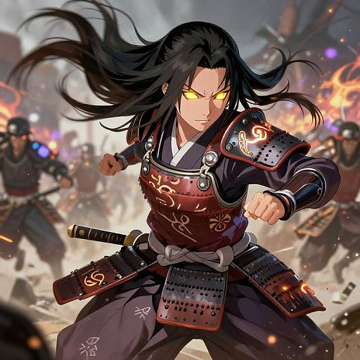 Digital anime-style drawing of intense samurai with glowing yellow eyes, black hair, and red armor, fighting amidst a chaotic battlefield.