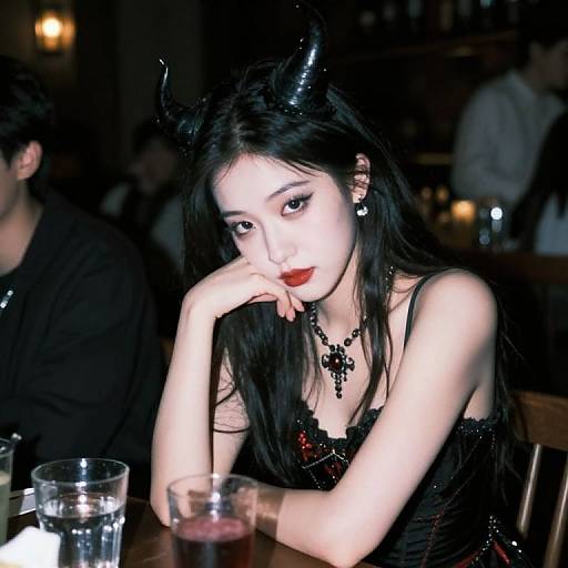 Photograph of a pale-skinned Asian woman with black horns, red lipstick, and black dress, wearing a necklace, sitting in a dimly lit