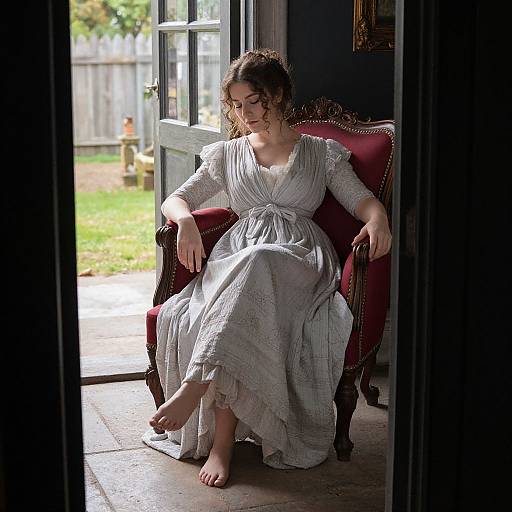 Photograph of a curly-haired woman in a white, flowing dress, sitting barefoot on a red velvet chair, sunlight streaming through an open door,