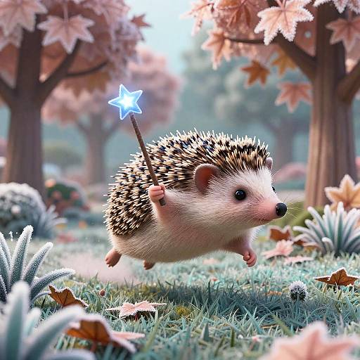Curious Hedgehog Flying with Magic Wand
