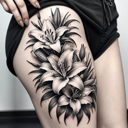 Black and Gray Lily Thigh Tattoo