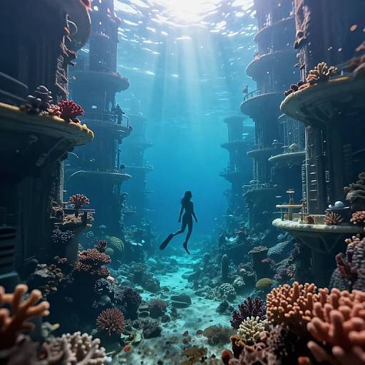 Photograph of a lone diver in a blue-tinted underwater cave, surrounded by colorful coral reefs and illuminated by sunlight beams.