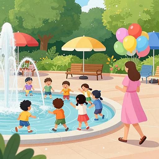 Joyful Summer Fountain Play Scene