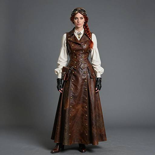 Steampunk Woman in Brown Leather Victorian Outfit
