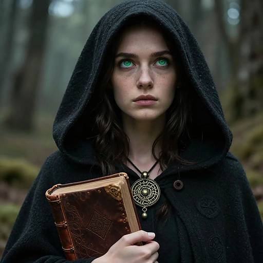 Photograph of a pale, freckled young woman with striking green eyes, wearing a black hooded cloak, holding a leather-bound book, in
