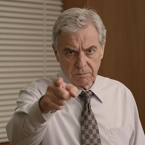 Middle-aged man pointing with intense expression