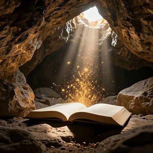 Photograph of an open book emitting sparkles beneath a rocky cave entrance, with sunlight streaming through, illuminating the scene.