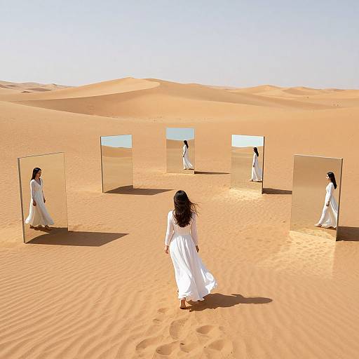 Photograph of five women in white robes walking through transparent panels in a sunlit, endless desert with rippled sand.