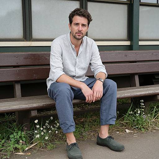 Photograph of a handsome, bearded man with short, curly dark hair, wearing a white button-up shirt, blue pants, and black shoes,