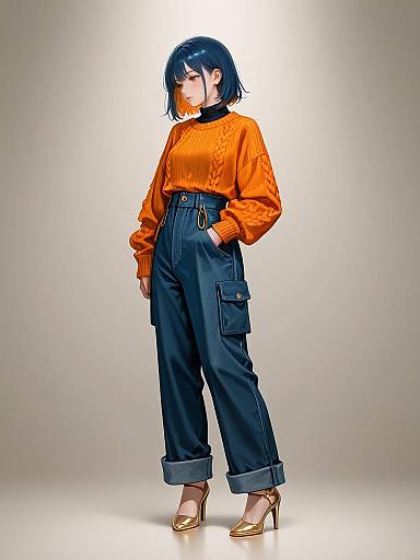 Woman in Orange Sweater and Denim Cargo Pants