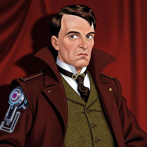 Digital illustration of a serious, pale-skinned man with black hair, wearing a dark brown military coat with a glowing emblem, green patterned vest,