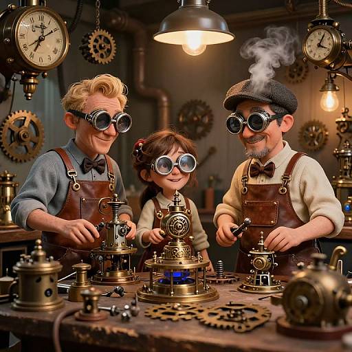Steampunk scene: Three smiling inventors with goggles, bow ties, and brass aprons, working on intricate steam-powered machinery in a dimly