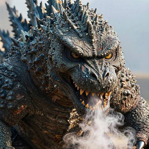 Photorealistic close-up of Godzilla, roaring with sharp teeth, glowing orange eyes, and spiky black scales, exhaling steam against a bright blue