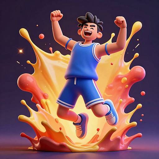 Digital illustration of a happy, cartoon-style boy in blue athletic wear, jumping joyfully through a vibrant, orange-yellow splash.