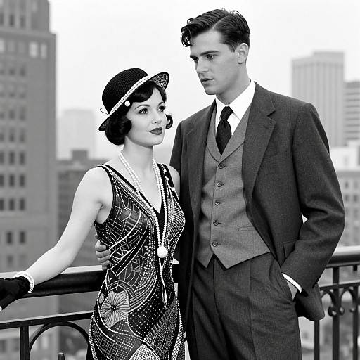 Black-and-white photograph of a 1930s-style couple: a woman in a patterned dress and hat, and a man in a suit and