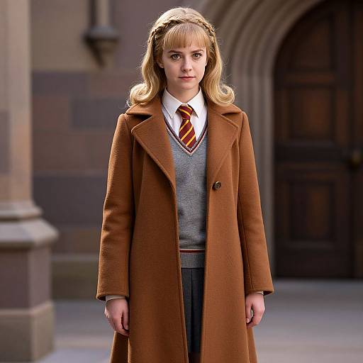 Photograph of a young blonde girl in a Hogwarts-style uniform, including brown coat, grey sweater, white shirt, and striped tie, standing in front