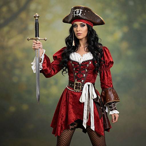 Photograph of a woman in a pirate costume: red velvet dress, white lace, brown tricorn hat, black fishnet stockings, holding a sword