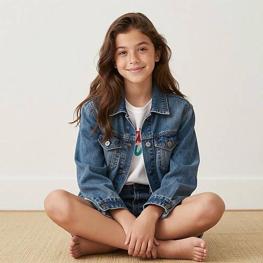 Young girl with long brown hair, wearing a denim jacket and white tee, sitting cross-legged on a woven mat against a white background. She smiles softly