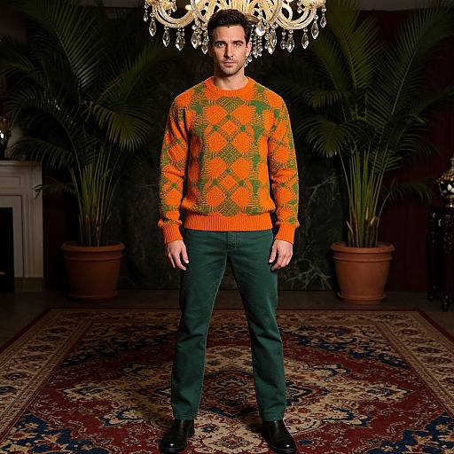 Photograph of a man in an orange and green argyle sweater, dark green pants, and black boots, standing in a dimly lit room with
