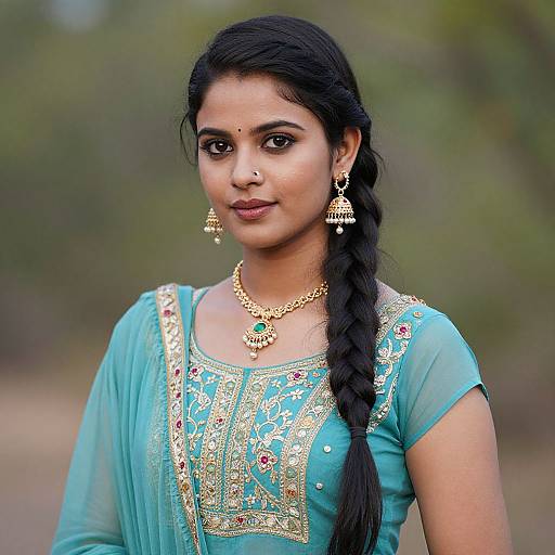 Photograph of an Indian woman with dark hair in a braid, wearing a turquoise saree with gold embroidery, traditional jewelry, and a bindi