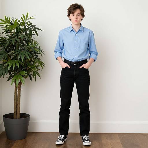 Photograph of a young man with curly brown hair, wearing a light blue button-up shirt, black pants, and black-and-white sneakers, standing in