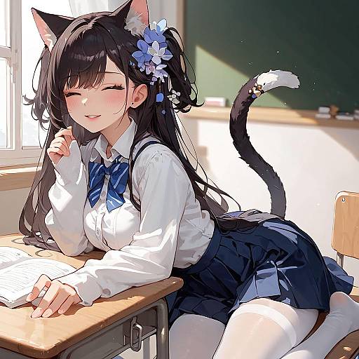 Charming Cat Girl in Classroom Setting