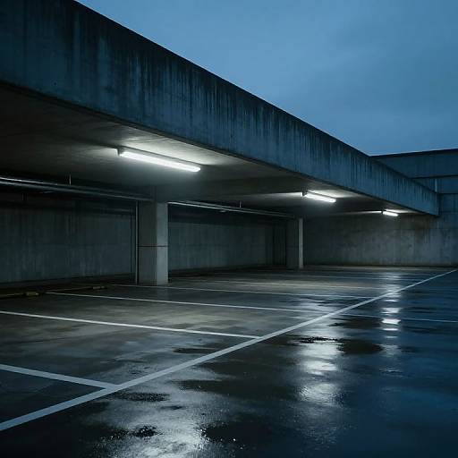 Photograph of a dimly lit, empty concrete parking garage at dusk, with wet, reflective asphalt, glowing fluorescent lights, and blue-tinted