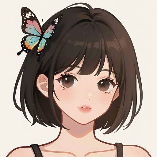Anime-style digital drawing of a cute, fair-skinned girl with short black hair, large brown eyes, and a blue butterfly on her head. White