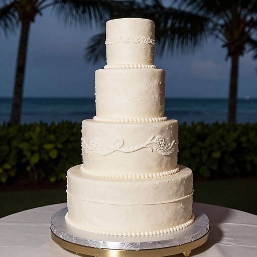 Photograph of a four-tier white wedding cake with delicate piped designs, set on a silver base, against a tropical beach backdrop with palm trees.