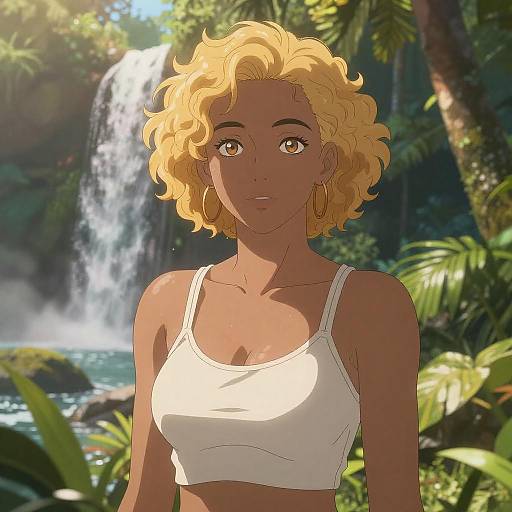 Digital anime-style drawing of a blonde, curly-haired, brown-skinned woman in a white sports bra, standing in a lush jungle with a waterfall in