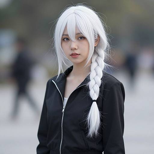 Photograph of an Asian woman with white braided hair, wearing a black zip-up jacket, standing outdoors with a blurred background.