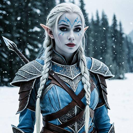 Elven Warrior in Blue Armor in Snowy Forest