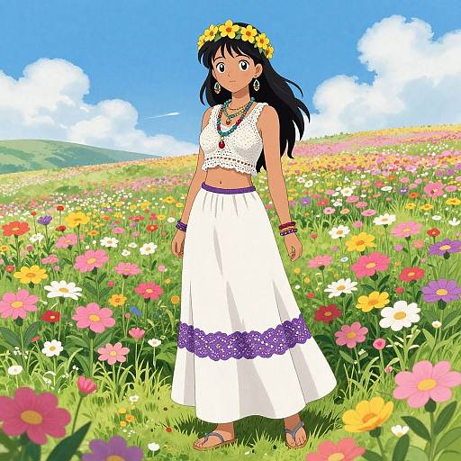 Bohemian Woman in Vibrant Flower Field