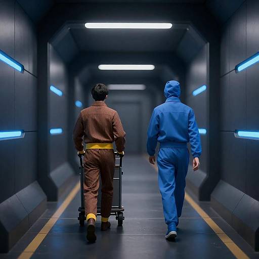 Blue-Lit Futuristic Corridor with Figures