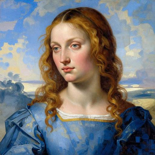 Digital painting of a fair-skinned, red-haired woman with wavy hair, blue eyes, and a blue dress, against a cloudy blue sky background