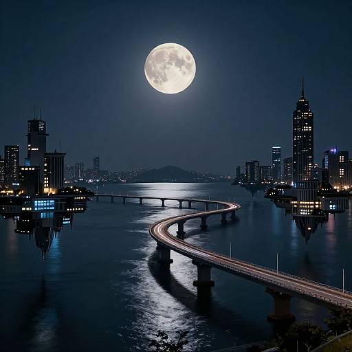 Photograph of a nighttime cityscape with a bright full moon, curving bridge reflecting on a dark, calm river, and illuminated skyscrapers on